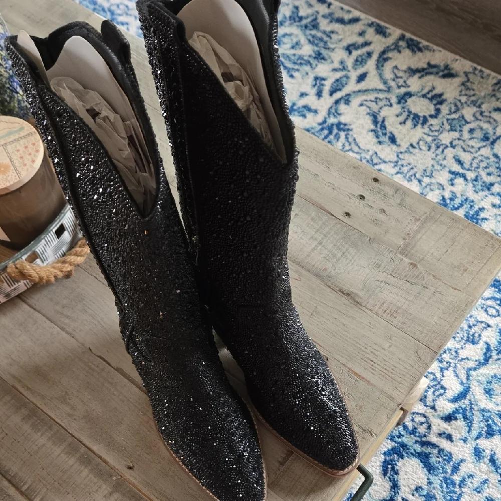 Sparkling Black Heeled Boots for Women - Picture 1 of 17